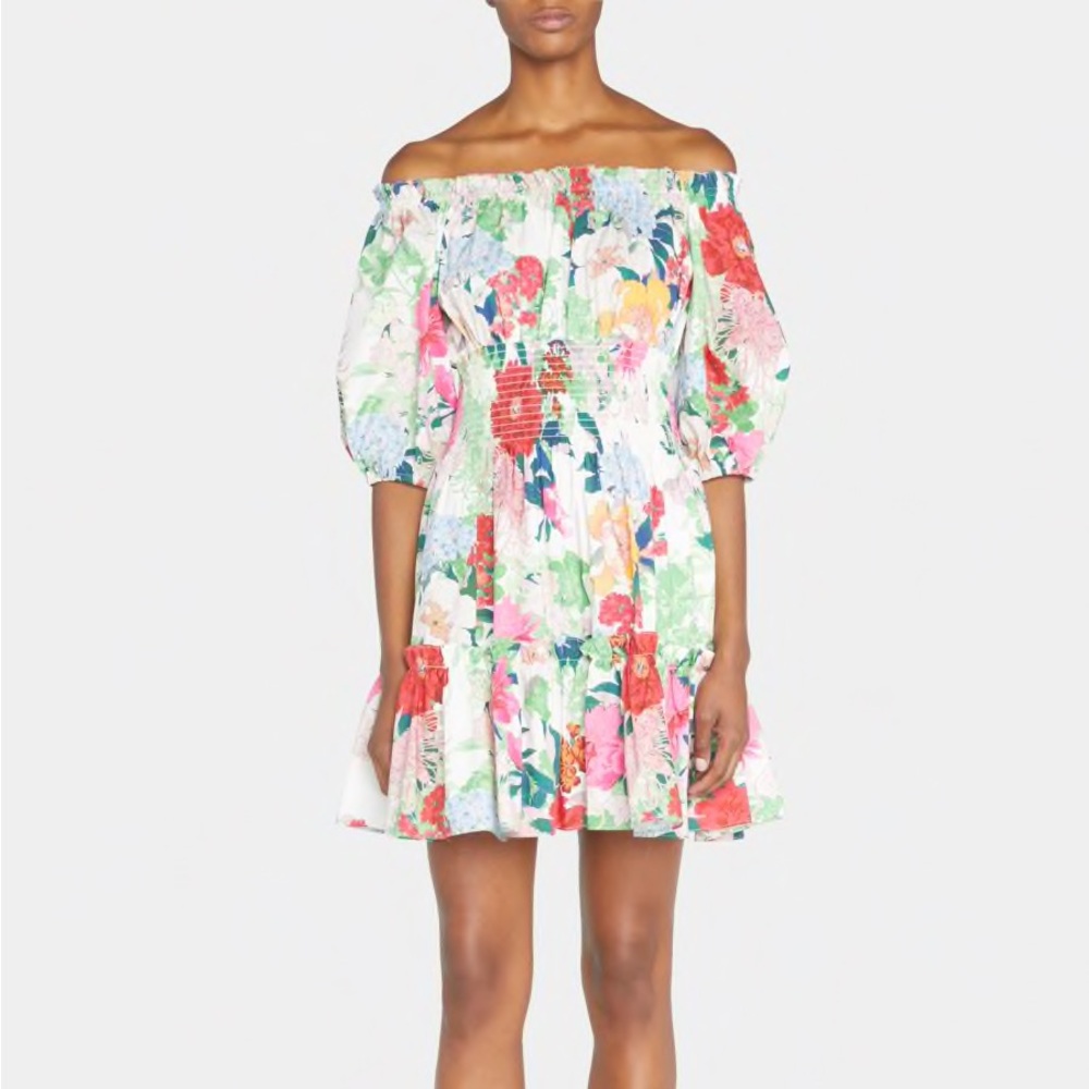Cara Cara Floral Off-Shoulder Puff Sleeve Dress in White, Pink, Green, Red